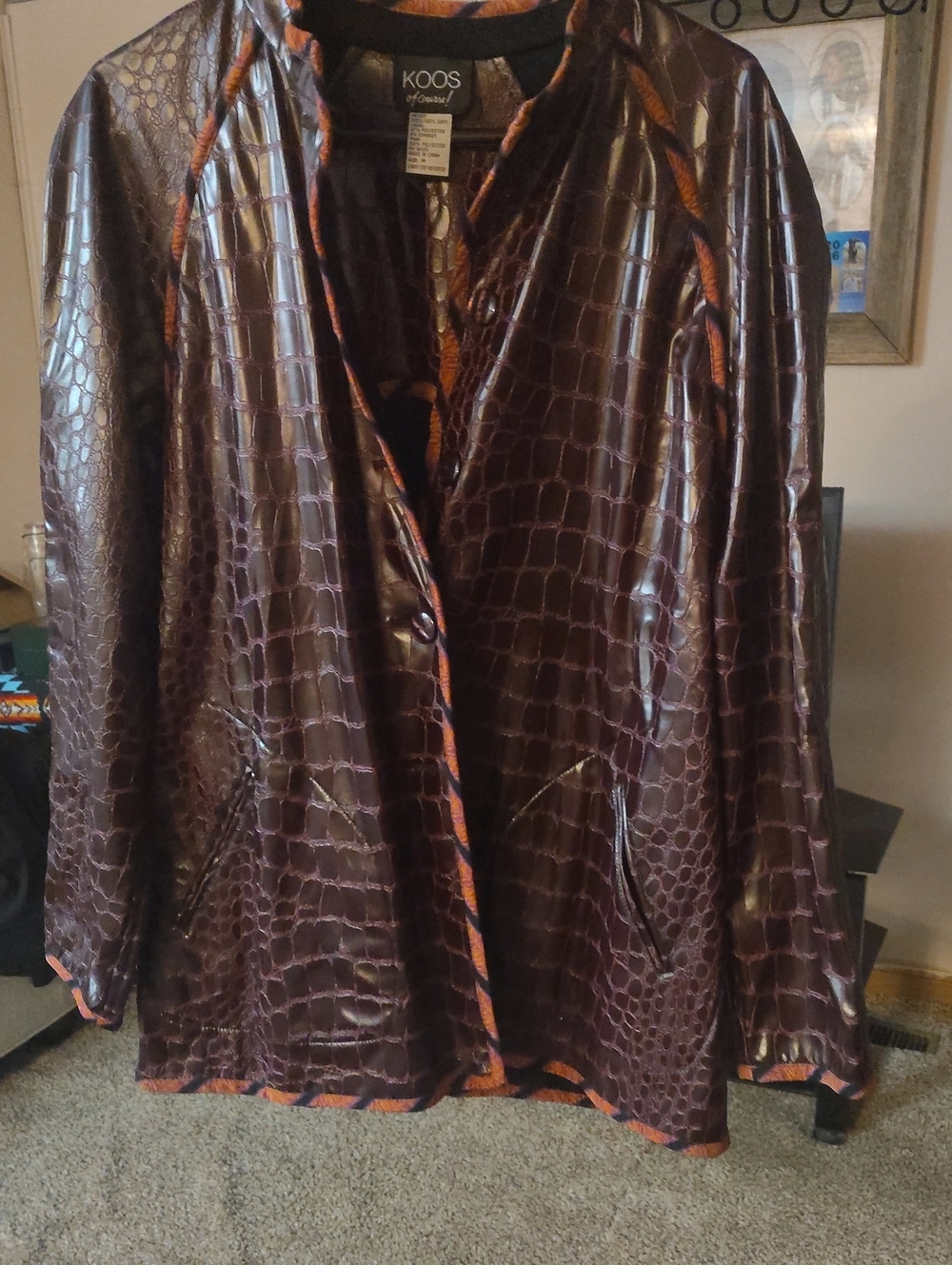 KOOS of California Brown Croc-Embossed Faux-Leather Jacket with Orange Trim